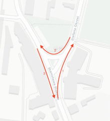 Schemat trójkąta torowego przy ul. Okrzei i Staszica w Sosnowcu, opracowany na podstawie współczesnej mapy.| Strzałki wskazują kierunek jazdy tramwaju linii 24 podczas manewru zawracania| wjazd od strony ul. Okrzei (1)| cofanie po łuku w stronę ul. Staszica (2)| ponowny wyjazd przodem w kierunku centrum (3)| Źródło: opracowanie własne na podstawie mapy OpenStreetMap.|