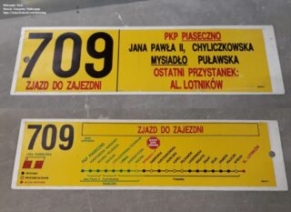 Tablica boczna zjazdowa z linii 709| PKP Piaseczno - Al. Lotników| kolekcja 'Historia Transportu Publicznego'| Autor: Aleksander Koch|