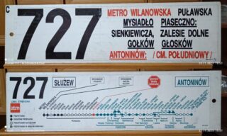 Tablica boczna z linii 727| Metro Wilanowska - Cm.Południowy| kolekcja 'Historia Transportu Publicznego'| Autor: Aleksander Koch|