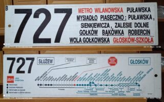 Tablica boczna z linii 727| Metro Wilanowska - Głosków-Szkoła| kolekcja 'Historia Transportu Publicznego'| Autor: Aleksander Koch|