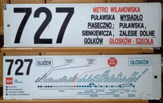 Tablica boczna z linii 727| Metro Wilanowska - Głosków-Szkoła| kolekcja 'Historia Transportu Publicznego'| Autor: Aleksander Koch|