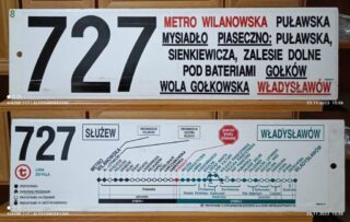 Tablica boczna z linii 727| Metro Wilanowska - Władysławów| kolekcja 'Historia Transportu Publicznego'| Autor: Aleksander Koch|