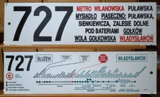 Tablica boczna z linii 727| Metro Wilanowska - Władysławów| kolekcja 'Historia Transportu Publicznego'| Autor: Aleksander Koch|