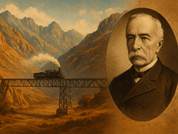 Portret Ernesta Malinowskiego i stalowy most w dolinie Rímac – symbol Kolei Transandyjskiej w Peru