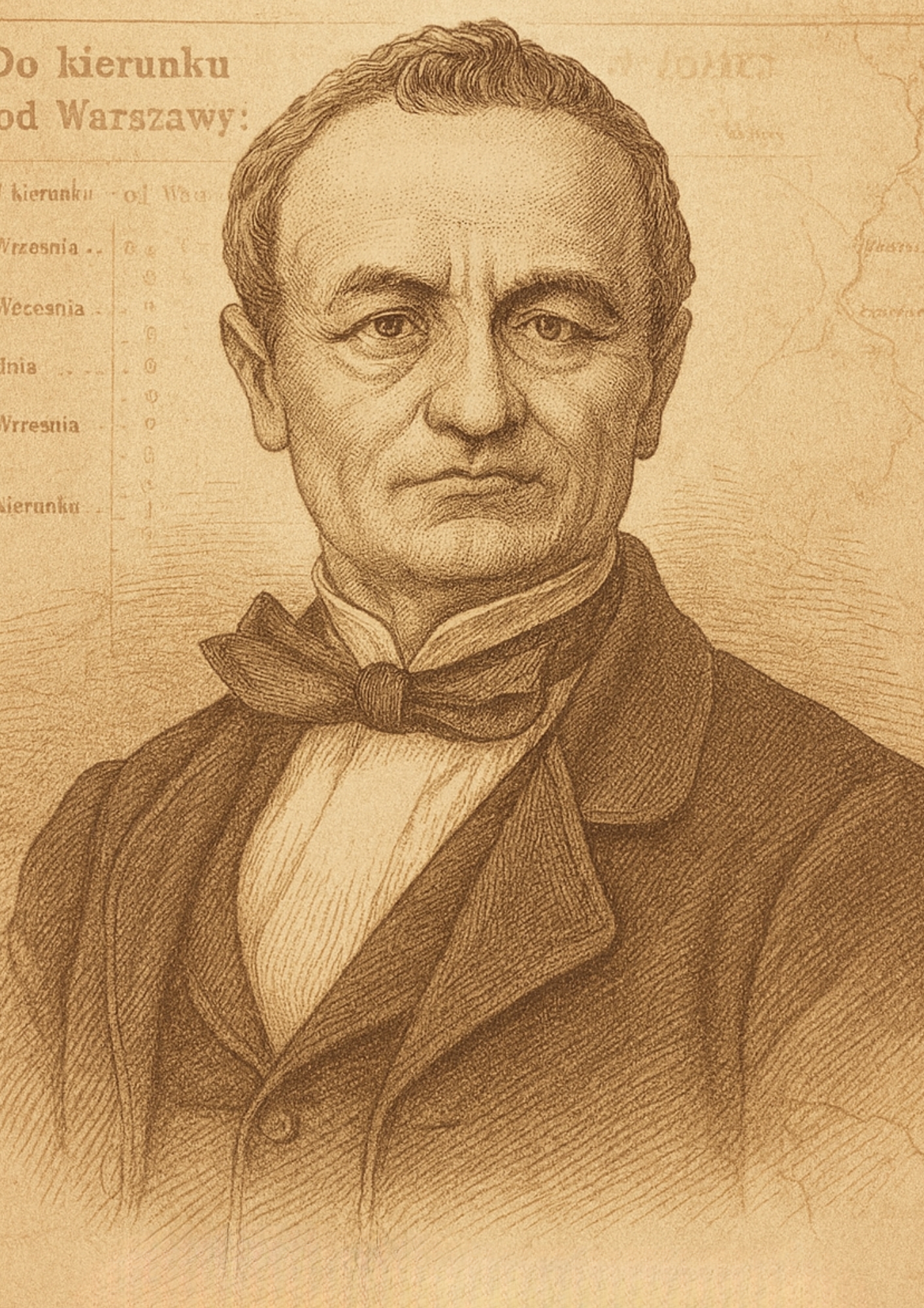 Portret inżyniera Stanisława Wysockiego (1805–1868), budowniczego Kolei Warszawsko-Wiedeńskiej, w stylu sepiowej ilustracji z XIX wieku. W tle widoczny fragment historycznego rozkładu jazdy z 1850 roku oraz delikatny zarys mapy trasy kolejowej łączącej Warszawę z Wiedniem.