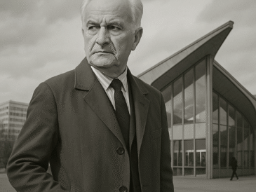 Arseniusz Romanowicz na tle przystanku kolejowego - Warszawa Ochota