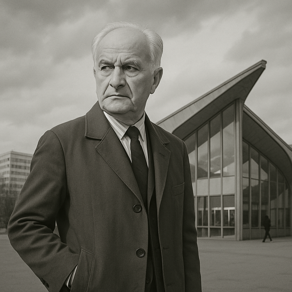 Arseniusz Romanowicz na tle przystanku kolejowego - Warszawa Ochota