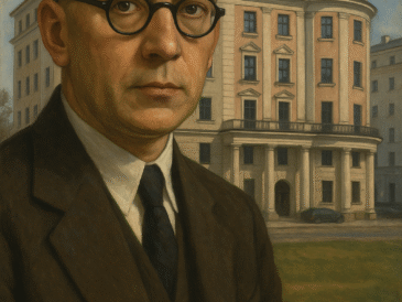 Portret Romualda Millera na tle Domu Związku Zawodowego Kolejarzy w Warszawie, w którym mieści się Teatr Ateneum. Mężczyzna w okrągłych okularach i ciemnym garniturze patrzy poważnie przed siebie, a za nim widoczna jest charakterystyczna fasada budynku z kolumnowym portykiem.