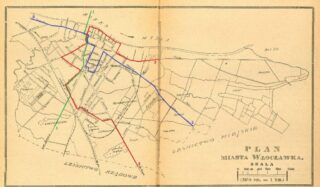 Schemat linii komunikacyjnych z 1929 roku naniesiony na plan miasta z 1920 roku| Przewodnik ilustrowany po Włocławku, rok 1922| Źródło: Kujawsko-Pomorska Biblioteka Cyfrowa|