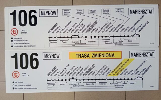 Tablice linii nr "106" (rewers) na trasie podstawowej oraz weekendowej objazdowej| Źródło: MZA w Warszawie|