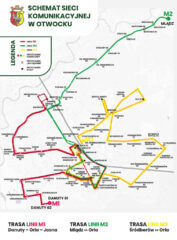 Schemat przebiegu tras linii M1, M2 i M3 obowiązujący w 2026 roku| Źródło: Urząd Miasta Otwocka|