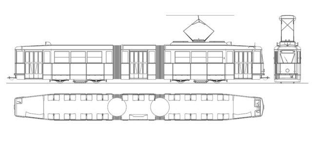 wagon przegubowy o nr #75 | Miejskie Przedsiębiorstwo Komunikacyjne sp. z o.o. w Bydgoszczy | Rysunek wagonu przegubowego | Archiwum Stanisława Sitarka |
